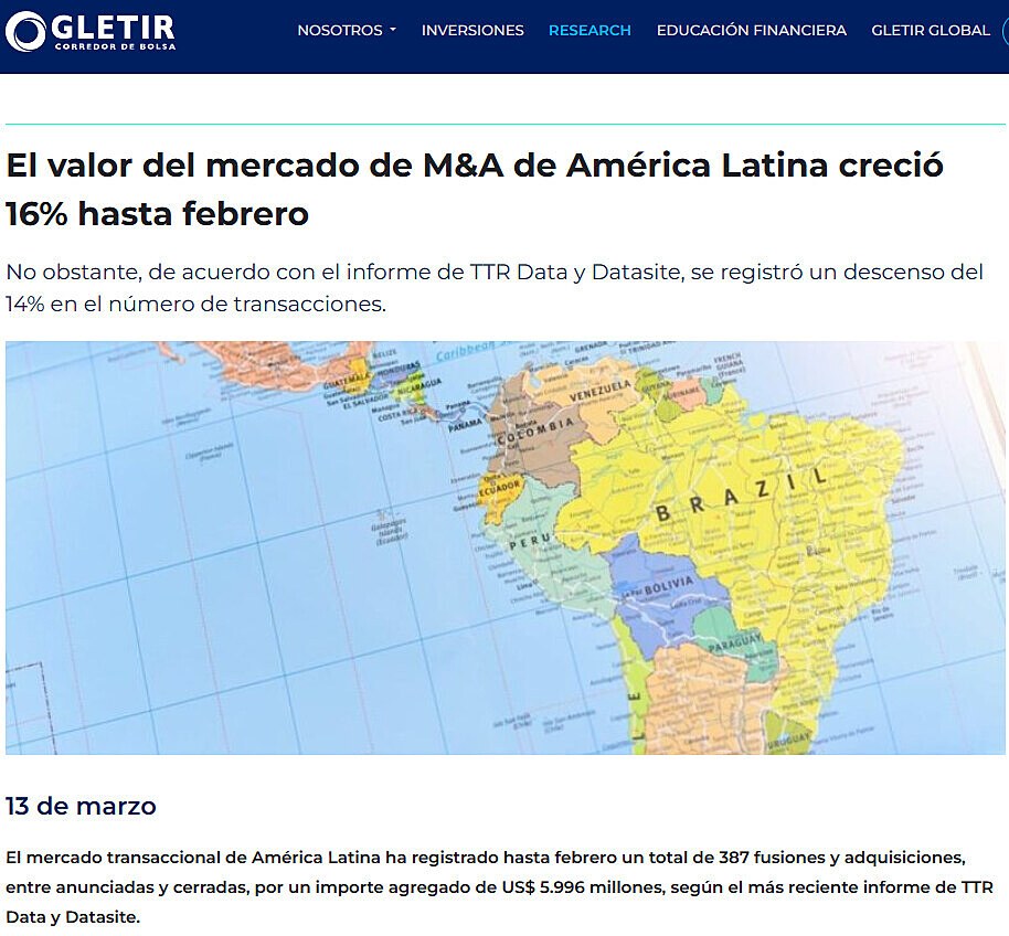 El valor del mercado de M&A de Amrica Latina creci 16% hasta febrero